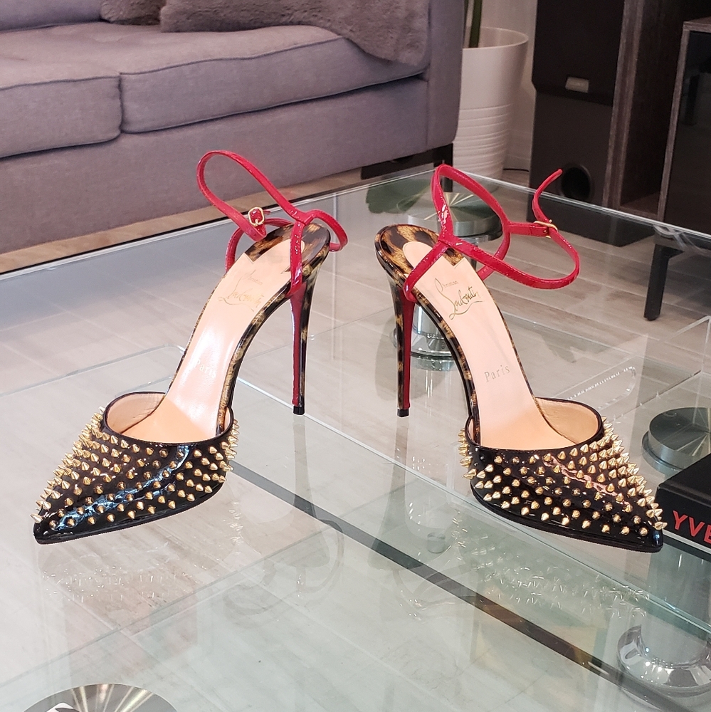 EUC-Christian Louboutin gold spike leopard patent leather open back, strap pumps